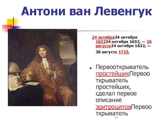 Антони ван Левенгук 24 октября24 октября 163224 октября 1632, — 26