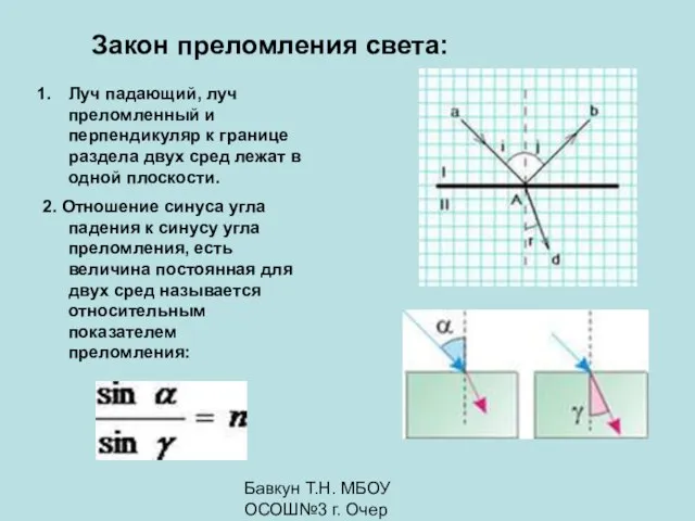 Бавкун Т.Н. МБОУ ОСОШ№3 г. Очер Закон преломления света: Луч падающий,