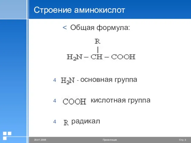 Строение аминокислот Общая формула: - основная группа - кислотная группа - радикал