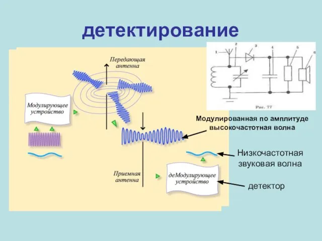 детектирование Модулированная по амплитуде высокочастотная волна Низкочастотная звуковая волна детектор