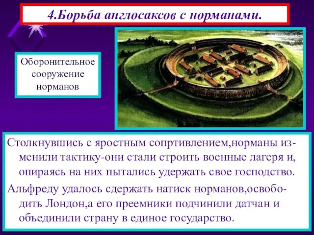 4.Борьба англосаксов с норманами. Столкнувшись с яростным сопртивлением,норманы из-менили тактику-они стали