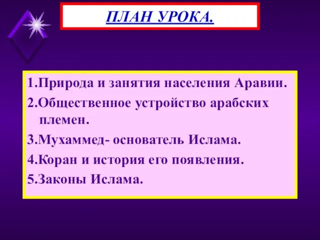 1.Природа и занятия населения Аравии. 2.Общественное устройство арабских племен. 3.Мухаммед- основатель