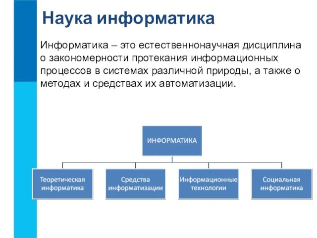 Наука информатика Информатика – это естественнонаучная дисциплина о закономерности протекания информационных