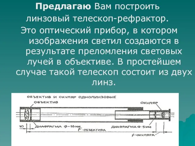 Предлагаю Вам построить линзовый телескоп-рефрактор. Это оптический прибор, в котором изображения