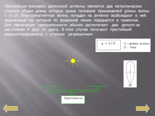 Простейшим примером дипольной антенны являются два металлических стержня общая длина которых