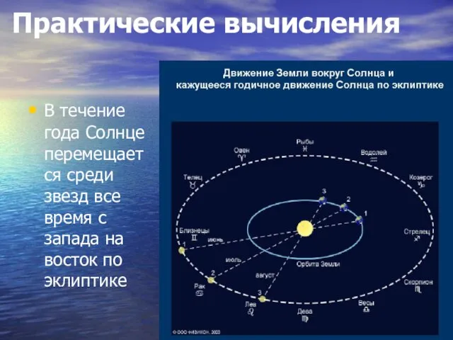 Практические вычисления В течение года Солнце перемещается среди звезд все время