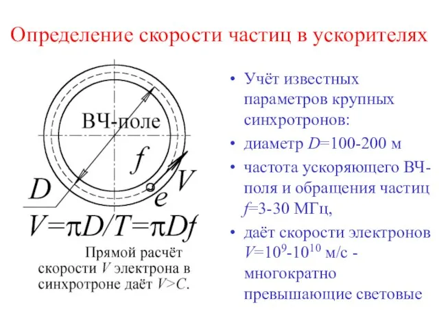 Определение скорости частиц в ускорителях Учёт известных параметров крупных синхротронов: диаметр