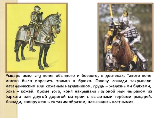 Рыцарь имел 2–3 коня: обычного и боевого, в доспехах. Такого коня