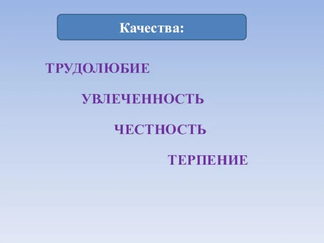 ТРУДОЛЮБИЕ УВЛЕЧЕННОСТЬ ЧЕСТНОСТЬ ТЕРПЕНИЕ Качества: