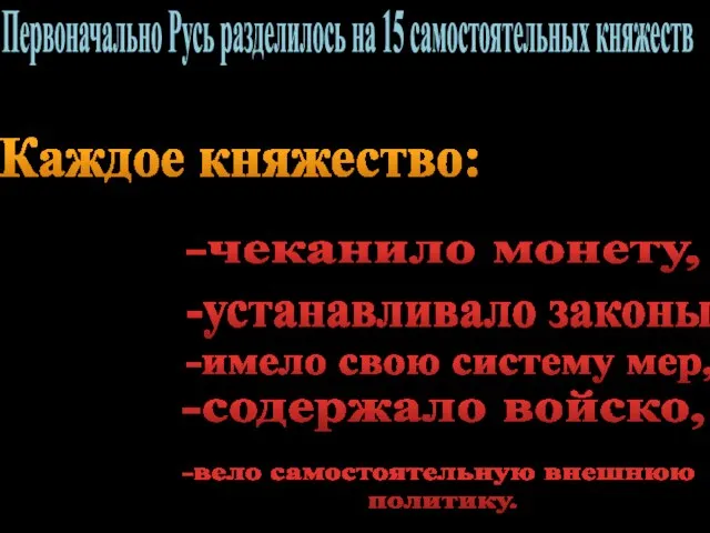 -вело самостоятельную внешнюю политику. Первоначально Русь разделилось на 15 самостоятельных княжеств