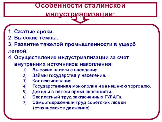 Особенности сталинской индустриализации: 1. Сжатые сроки. 2. Высокие темпы. 3. Развитие