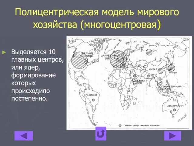 Полицентрическая модель мирового хозяйства (многоцентровая) Выделяется 10 главных центров, или ядер, формирование которых происходило постепенно.