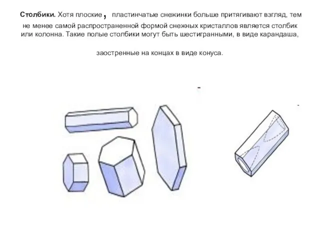 Столбики. Хотя плоские, пластинчатые снежинки больше притягивают взгляд, тем не менее