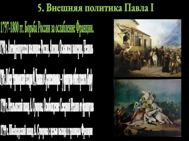 5. Внешняя политика Павла I 1798 г. Антифранцузская коалиция: Россия, Англия,