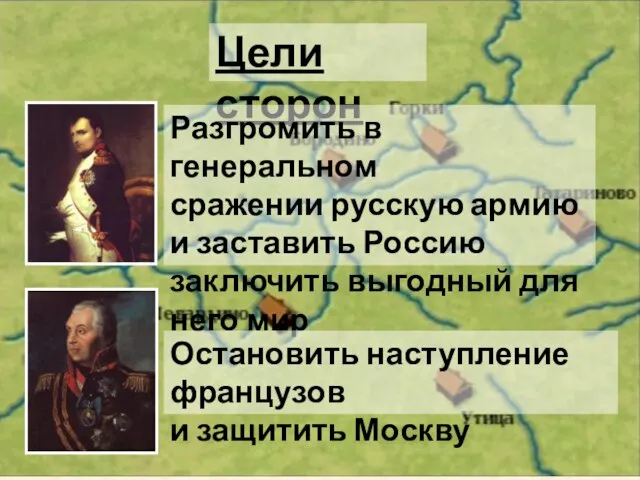 Цели сторон Разгромить в генеральном сражении русскую армию и заставить Россию