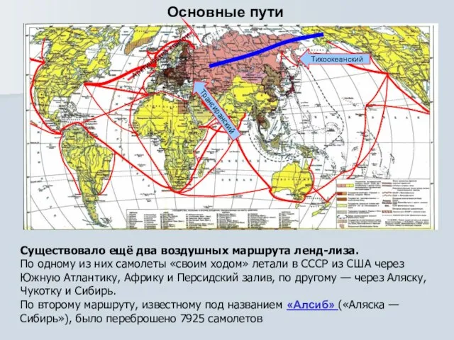 Основные пути Тихоокеанский Арктические конвои Трансиранский Существовало ещё два воздушных маршрута