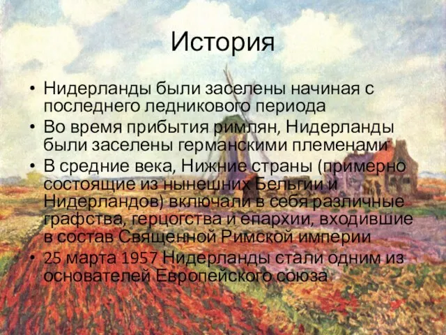 История Нидерланды были заселены начиная с последнего ледникового периода Во время