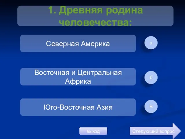 а б В 1. Древняя родина человечества: Северная Америка Восточная и