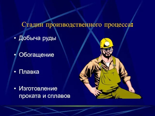 Стадии производственного процесса: Добыча руды Обогащение Плавка Изготовление проката и сплавов