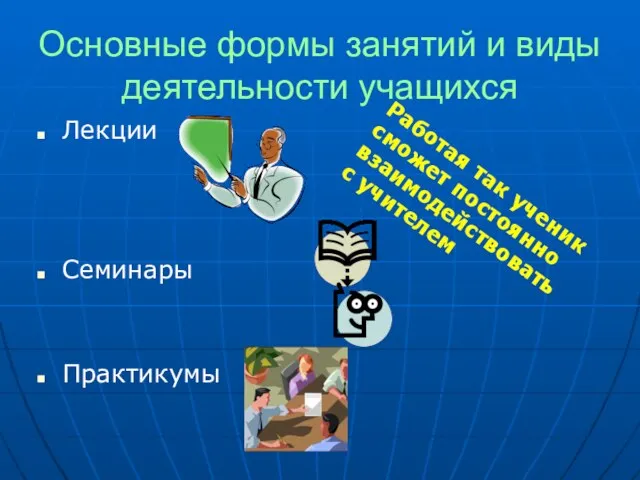 Основные формы занятий и виды деятельности учащихся Лекции Семинары Практикумы Работая