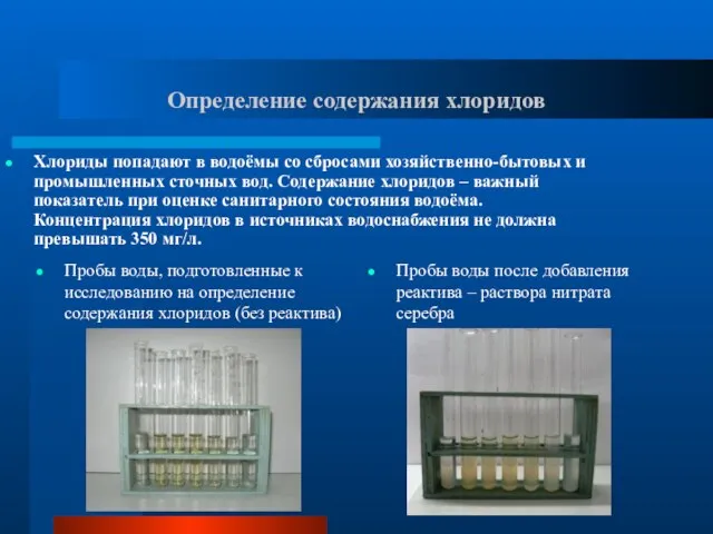 Определение содержания хлоридов Пробы воды, подготовленные к исследованию на определение содержания