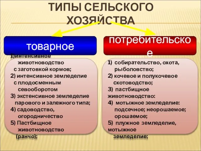 ТИПЫ СЕЛЬСКОГО ХОЗЯЙСТВА товарное потребительское 1)интенсивное животноводство с заготовкой кормов; 2)