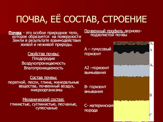 ПОЧВА, ЕЁ СОСТАВ, СТРОЕНИЕ Почва - это особое природное тело, которое