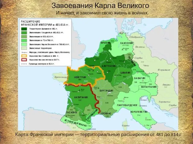 Завоевания Карла Великого Карта Франкской империи — территориальные расширения от 481