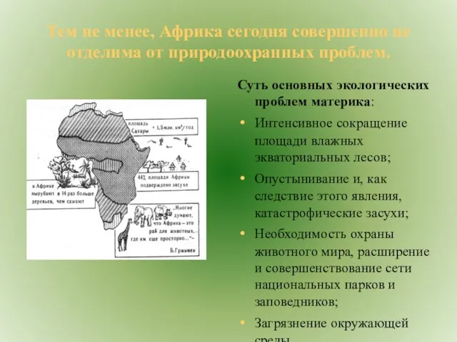 Тем не менее, Африка сегодня совершенно не отделима от природоохранных проблем.