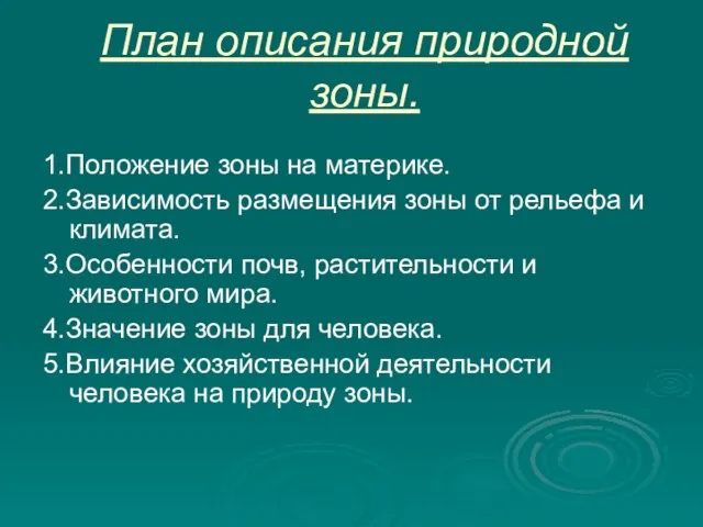 План описания природной зоны. 1.Положение зоны на материке. 2.Зависимость размещения зоны