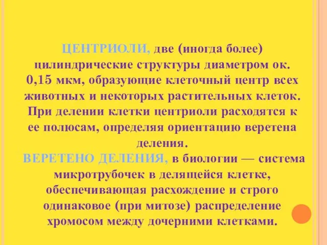 ЦЕНТРИОЛИ, две (иногда более) цилиндрические структуры диаметром ок. 0,15 мкм, образующие