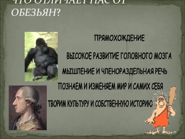 ЧТО ОТЛИЧАЕТ НАС ОТ ОБЕЗЬЯН? ПРЯМОХОЖДЕНИЕ ВЫСОКОЕ РАЗВИТИЕ ГОЛОВНОГО МОЗГА МЫШЛЕНИЕ