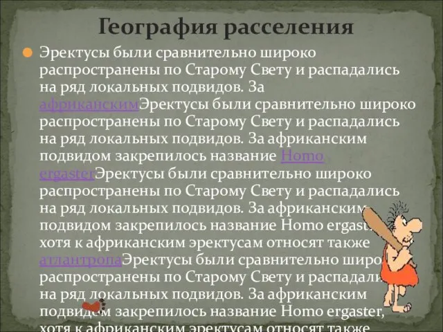 Эректусы были сравнительно широко распространены по Старому Свету и распадались на