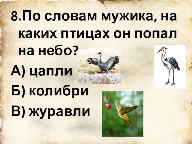 8.По словам мужика, на каких птицах он попал на небо? А) цапли Б) колибри В) журавли