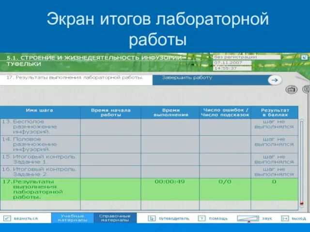 Экран итогов лабораторной работы