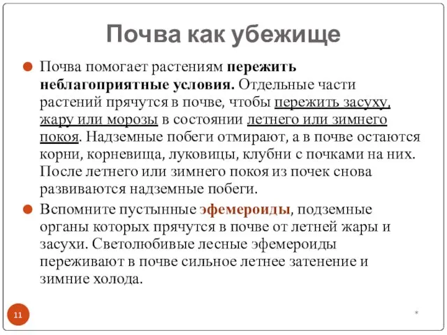 Почва как убежище Почва помогает растениям пережить неблагоприятные условия. Отдельные части