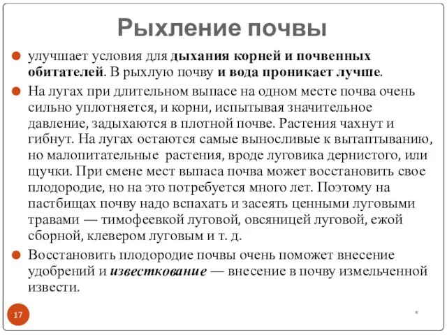 Рыхление почвы улучшает условия для дыхания корней и почвенных обитателей. В