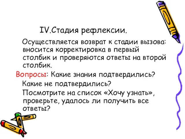 IV.Стадия рефлексии. Осуществляется возврат к стадии вызова: вносится корректировка в первый