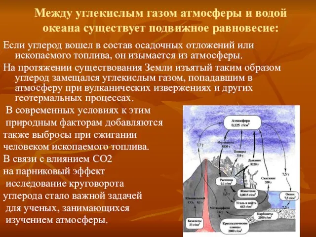 Между углекислым газом атмосферы и водой океана существует подвижное равновесие: Если