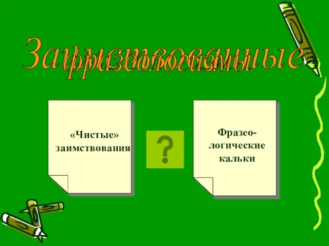 «Чистые» заимствования Фразео- логические кальки Заимствованные фразеологизмы