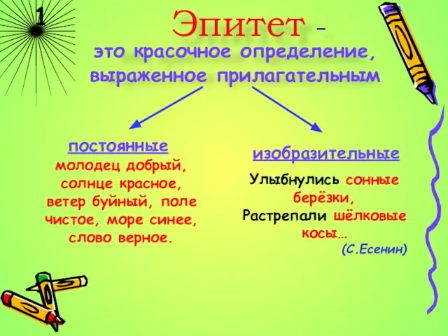 1 Эпитет - постоянные изобразительные молодец добрый, солнце красное, ветер буйный,