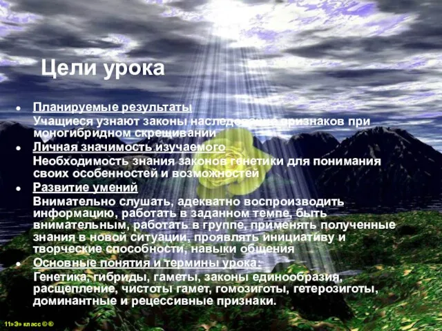 Цели урока Планируемые результаты Учащиеся узнают законы наследование признаков при моногибридном