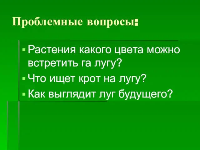 Проблемные вопросы: Растения какого цвета можно встретить га лугу? Что ищет