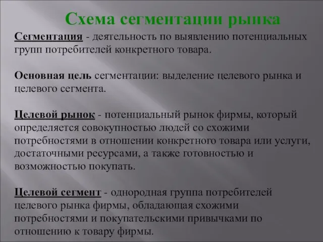 Схема сегментации рынка Сегментация - деятельность по выявлению потенциальных групп потребителей