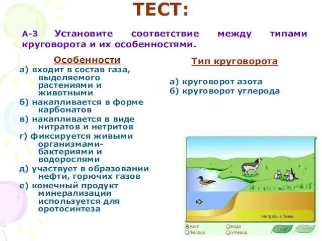 ТЕСТ: Особенности а) входит в состав газа, выделяемого растениями и животными