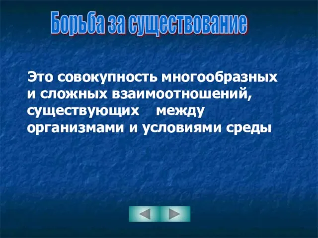 Борьба за существование Это совокупность многообразных и сложных взаимоотношений, существующих между организмами и условиями среды