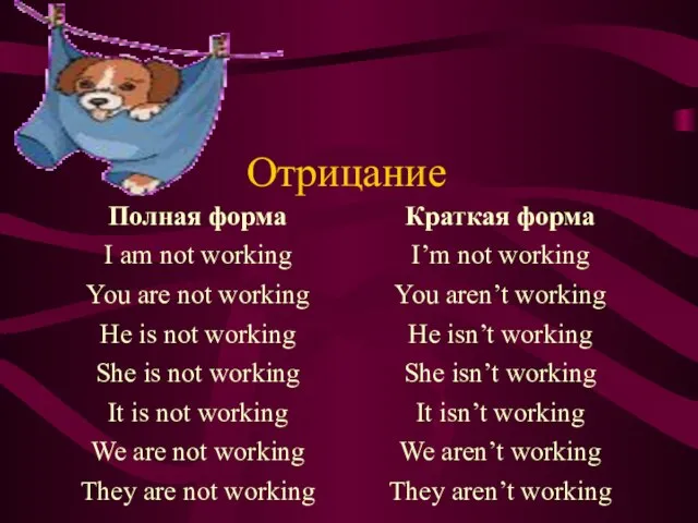 Отрицание Полная форма I am not working You are not working