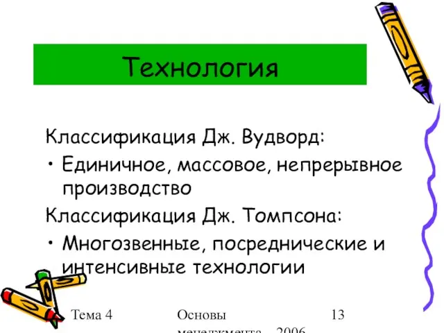 Тема 4 Основы менеджмента 2006 г. Технология Классификация Дж. Вудворд: Единичное,