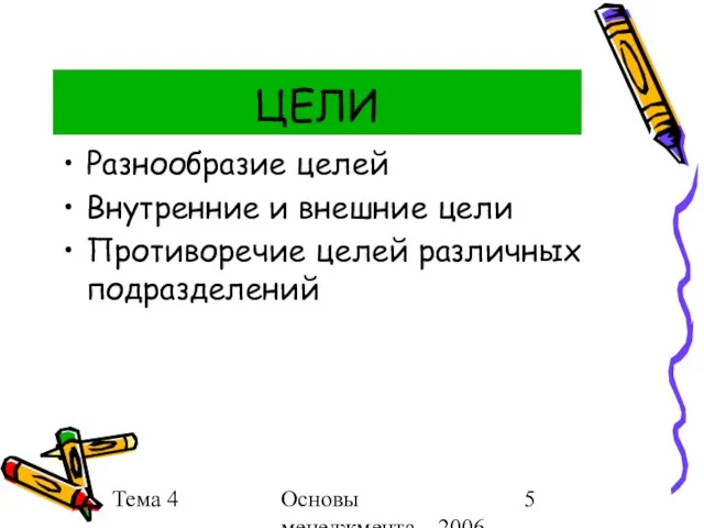 Тема 4 Основы менеджмента 2006 г. ЦЕЛИ Разнообразие целей Внутренние и