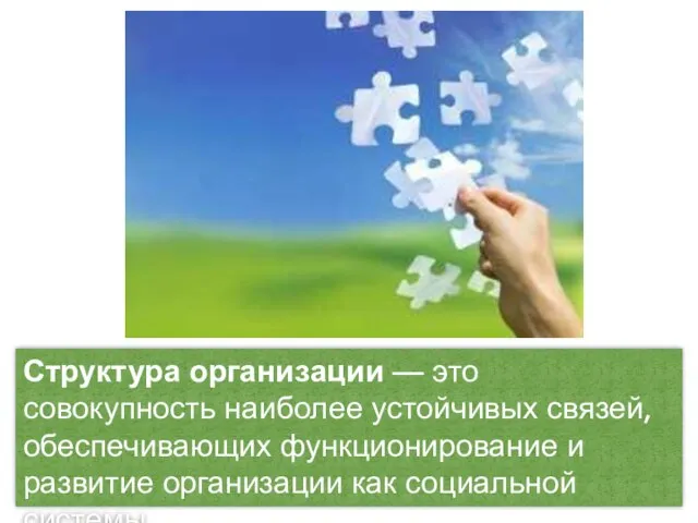 Структура организации — это совокупность наиболее устойчивых связей, обеспечивающих функционирование и развитие организации как социальной системы.